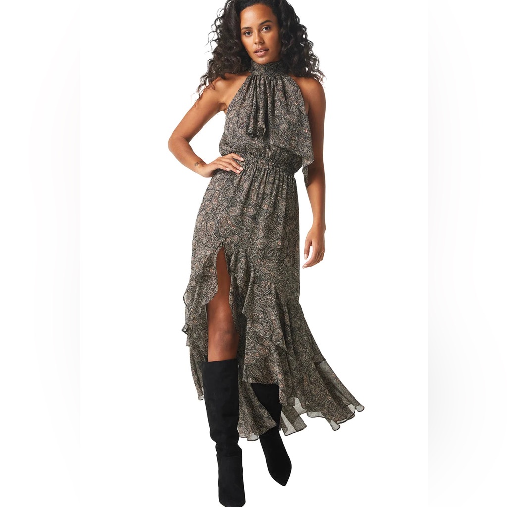 Misa Los Angeles Aneva Midi Halter Dress Paisley Shimmer White Wmn Sz Medium Nwt
